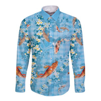 Blue Palaka Hawaiian And Japanese Long Sleeve Button Shirt Sakura Lei With Koi Fish - Polynesian Pride