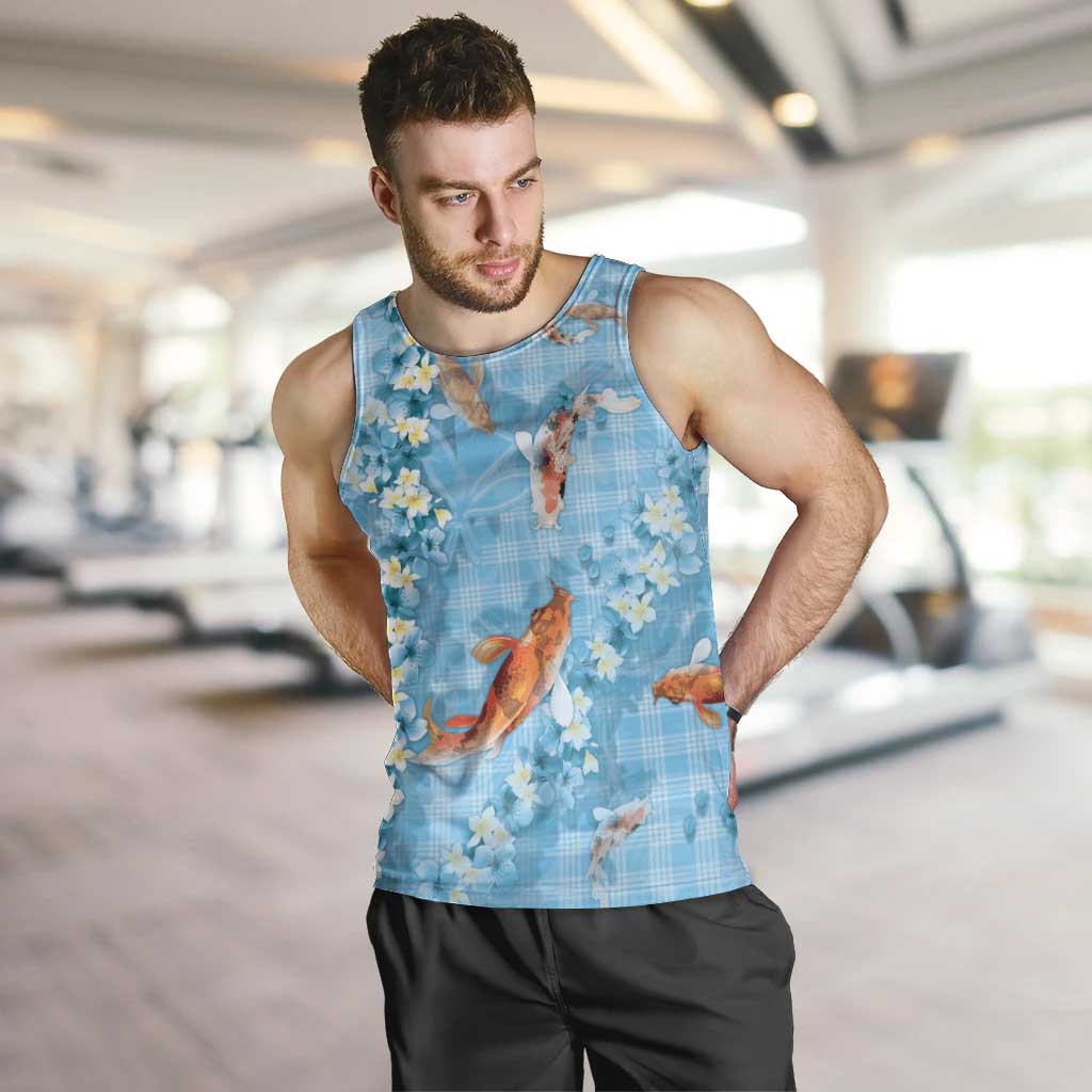 Blue Palaka Hawaiian And Japanese Men Tank Top Sakura Lei With Koi Fish - Polynesian Pride