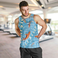 Blue Palaka Hawaiian And Japanese Men Tank Top Sakura Lei With Koi Fish - Polynesian Pride