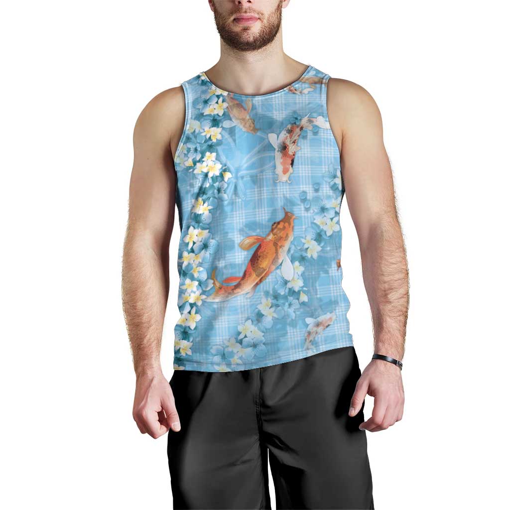 Blue Palaka Hawaiian And Japanese Men Tank Top Sakura Lei With Koi Fish - Polynesian Pride