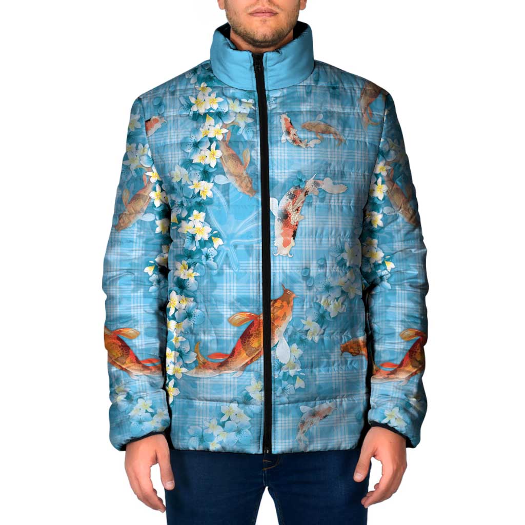 Blue Palaka Hawaiian And Japanese Padded Jacket Sakura Lei With Koi Fish - Polynesian Pride