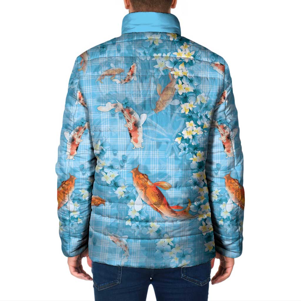 Blue Palaka Hawaiian And Japanese Padded Jacket Sakura Lei With Koi Fish - Polynesian Pride