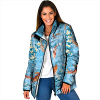 Blue Palaka Hawaiian And Japanese Padded Jacket Sakura Lei With Koi Fish - Polynesian Pride