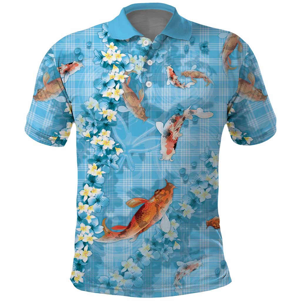 Blue Palaka Hawaiian And Japanese Polo Shirt Sakura Lei With Koi Fish DT05 Blue - Polynesian Pride