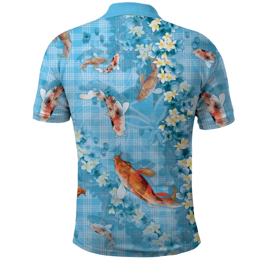 Blue Palaka Hawaiian And Japanese Polo Shirt Sakura Lei With Koi Fish DT05 - Polynesian Pride