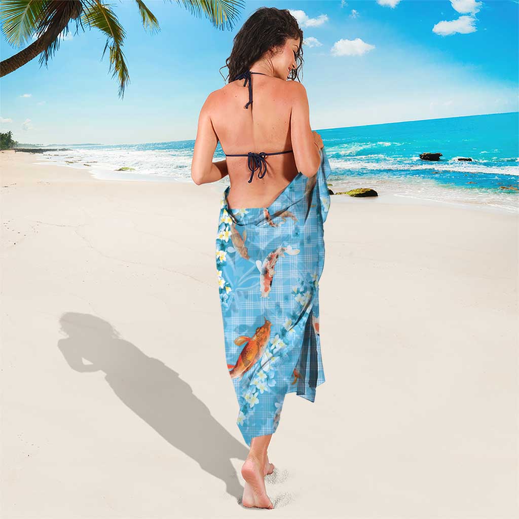 Blue Palaka Hawaiian And Japanese Sarong Sakura Lei With Koi Fish - Polynesian Pride