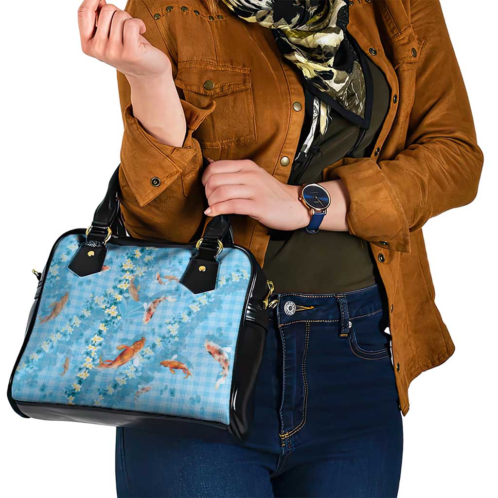 Blue Palaka Hawaiian And Japanese Shoulder Handbag Sakura Lei With Koi Fish - Polynesian Pride