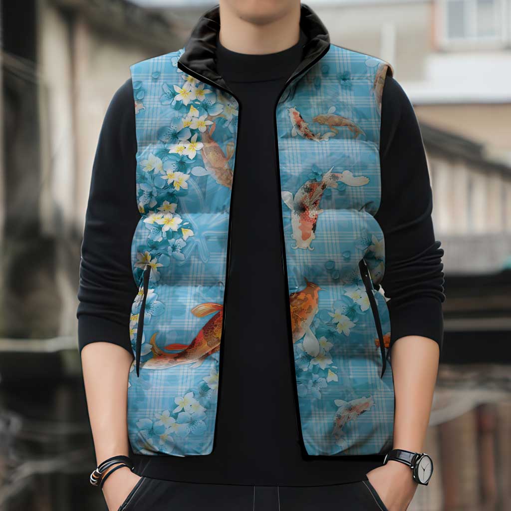 Blue Palaka Hawaiian And Japanese Sleeveless Puffer Jacket Sakura Lei With Koi Fish - Polynesian Pride