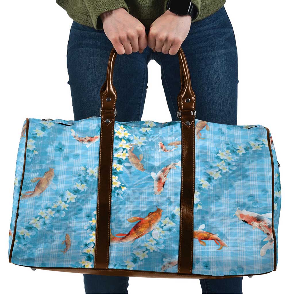 Blue Palaka Hawaiian And Japanese Travel Bag Sakura Lei With Koi Fish - Polynesian Pride