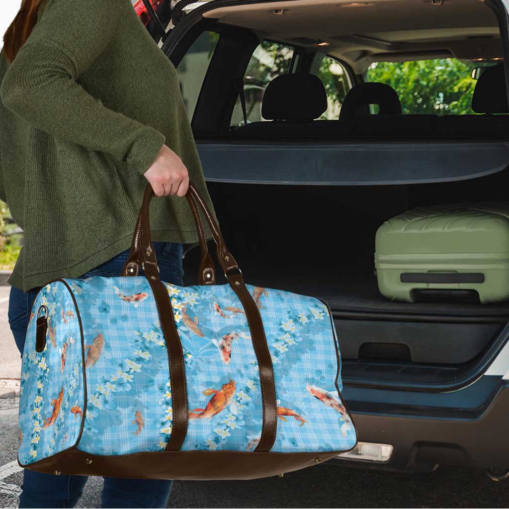 Blue Palaka Hawaiian And Japanese Travel Bag Sakura Lei With Koi Fish - Polynesian Pride