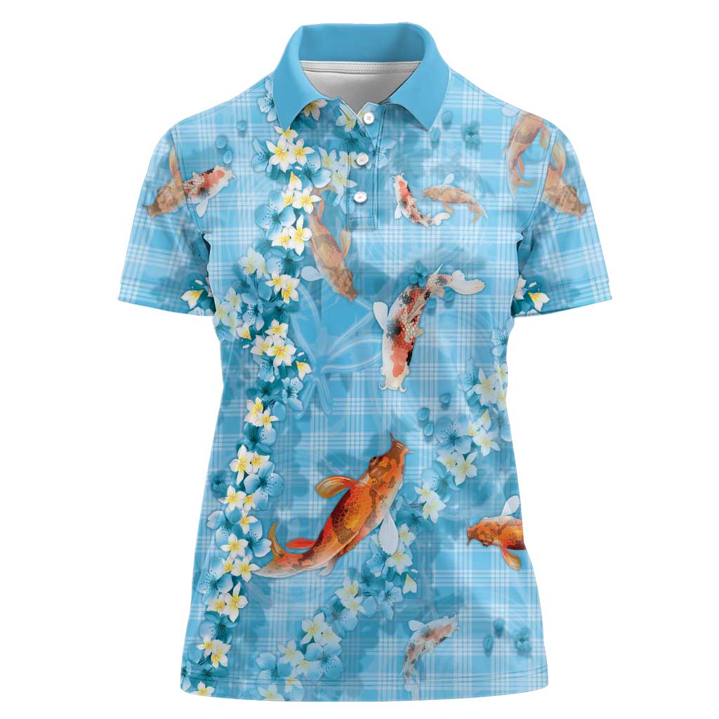 Blue Palaka Hawaiian And Japanese Women Polo Shirt Sakura Lei With Koi Fish - Polynesian Pride