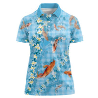 Blue Palaka Hawaiian And Japanese Women Polo Shirt Sakura Lei With Koi Fish - Polynesian Pride