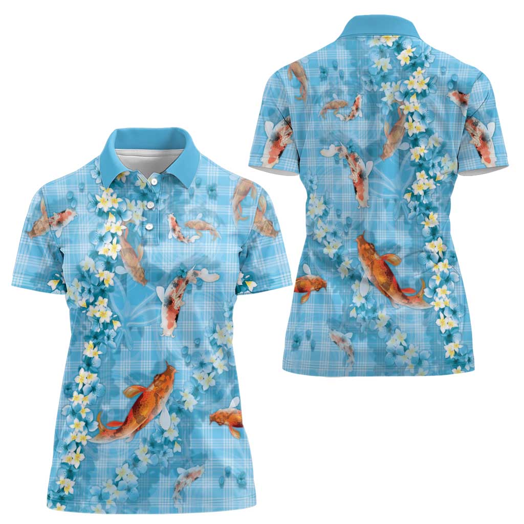 Blue Palaka Hawaiian And Japanese Women Polo Shirt Sakura Lei With Koi Fish - Polynesian Pride