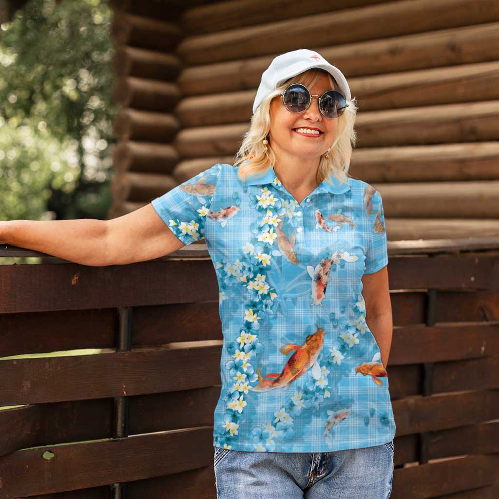 Blue Palaka Hawaiian And Japanese Women Polo Shirt Sakura Lei With Koi Fish - Polynesian Pride