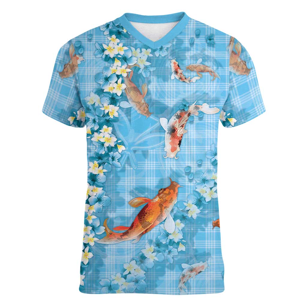 Blue Palaka Hawaiian And Japanese Women V-Neck T-Shirt Sakura Lei With Koi Fish - Polynesian Pride