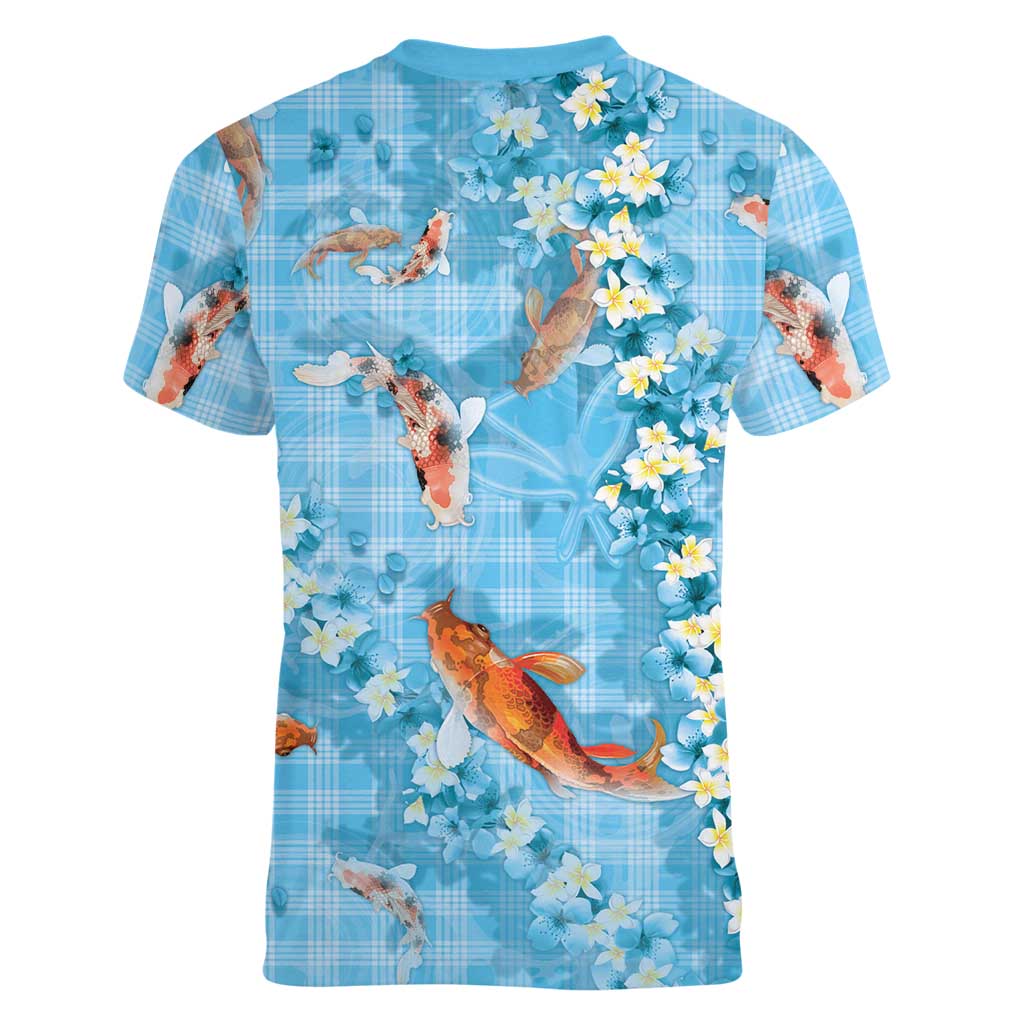 Blue Palaka Hawaiian And Japanese Women V-Neck T-Shirt Sakura Lei With Koi Fish - Polynesian Pride