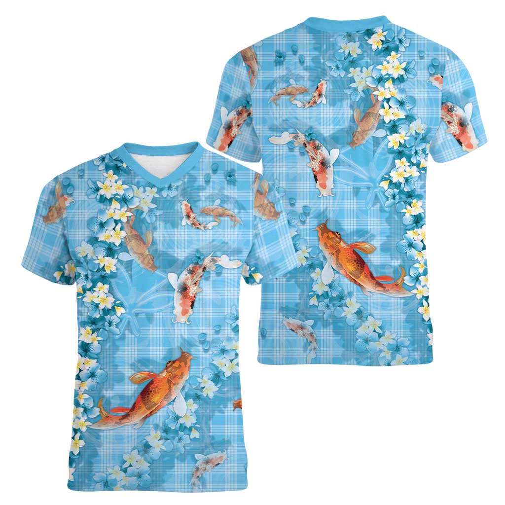 Blue Palaka Hawaiian And Japanese Women V-Neck T-Shirt Sakura Lei With Koi Fish - Polynesian Pride