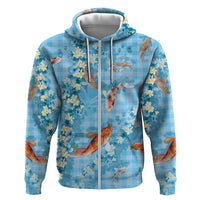 Blue Palaka Hawaiian And Japanese Zip Hoodie Sakura Lei With Koi Fish - Polynesian Pride