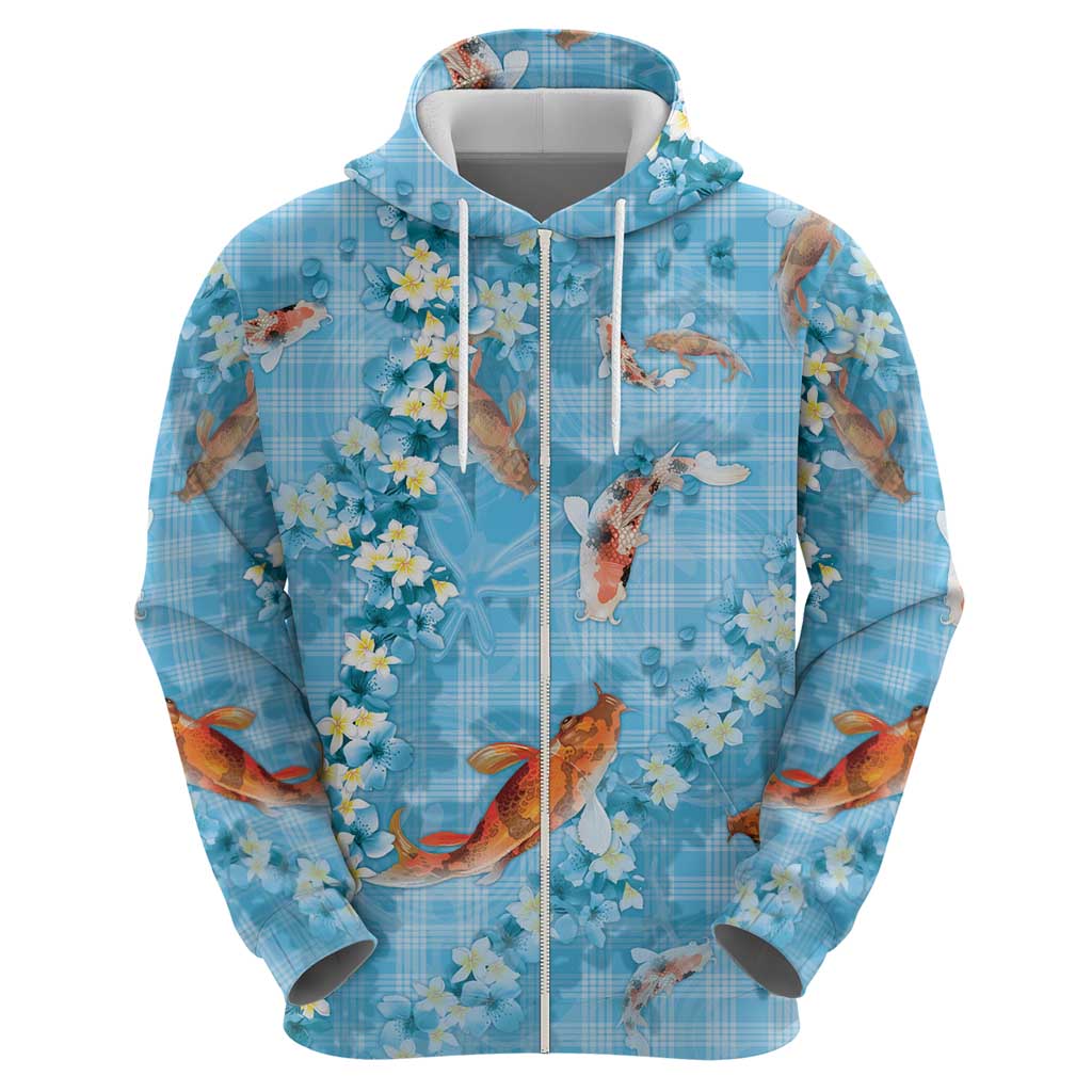 Blue Palaka Hawaiian And Japanese Zip Hoodie Sakura Lei With Koi Fish - Polynesian Pride