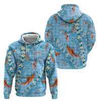 Blue Palaka Hawaiian And Japanese Zip Hoodie Sakura Lei With Koi Fish - Polynesian Pride