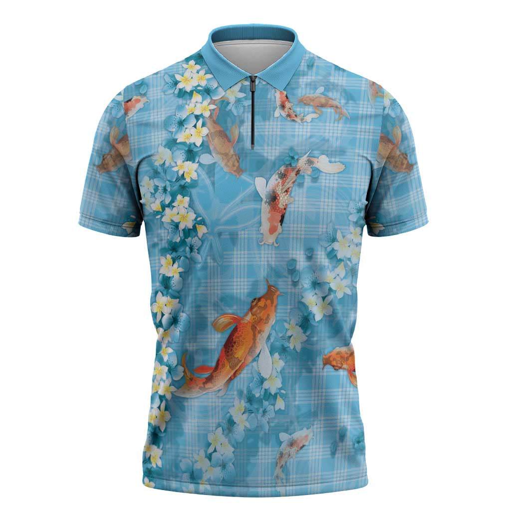 Blue Palaka Hawaiian And Japanese Zipper Polo Shirt Sakura Lei With Koi Fish - Polynesian Pride