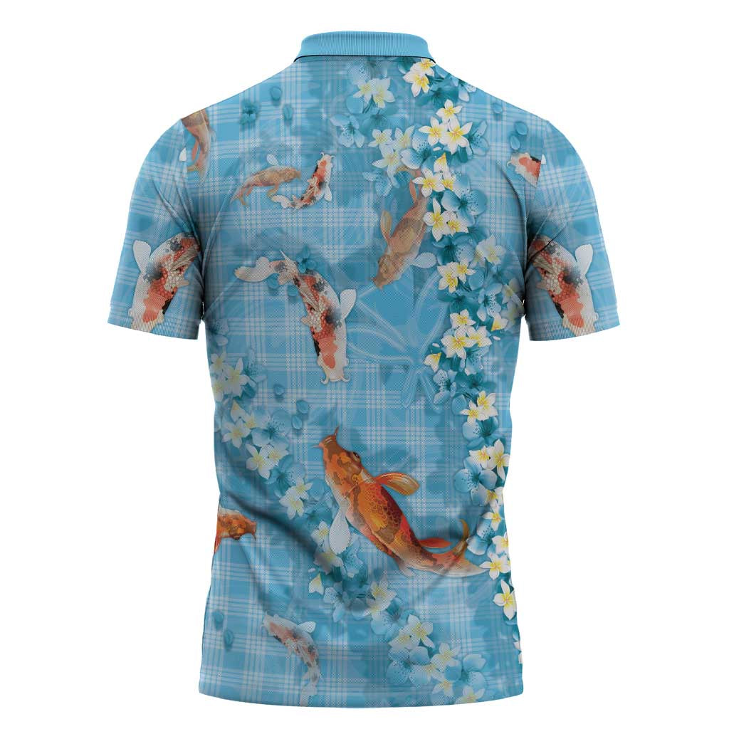 Blue Palaka Hawaiian And Japanese Zipper Polo Shirt Sakura Lei With Koi Fish - Polynesian Pride