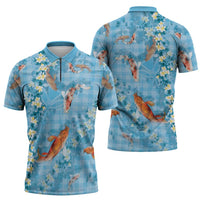 Blue Palaka Hawaiian And Japanese Zipper Polo Shirt Sakura Lei With Koi Fish - Polynesian Pride