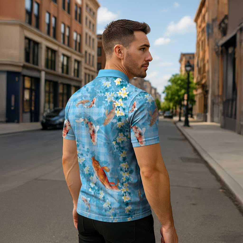 Blue Palaka Hawaiian And Japanese Zipper Polo Shirt Sakura Lei With Koi Fish - Polynesian Pride