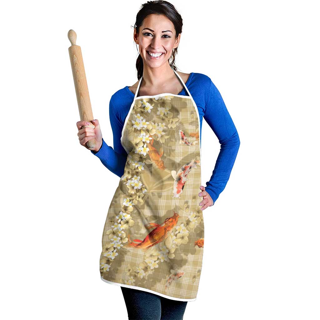 Beige Palaka Hawaiian And Japanese Apron Sakura Lei With Koi Fish - Polynesian Pride
