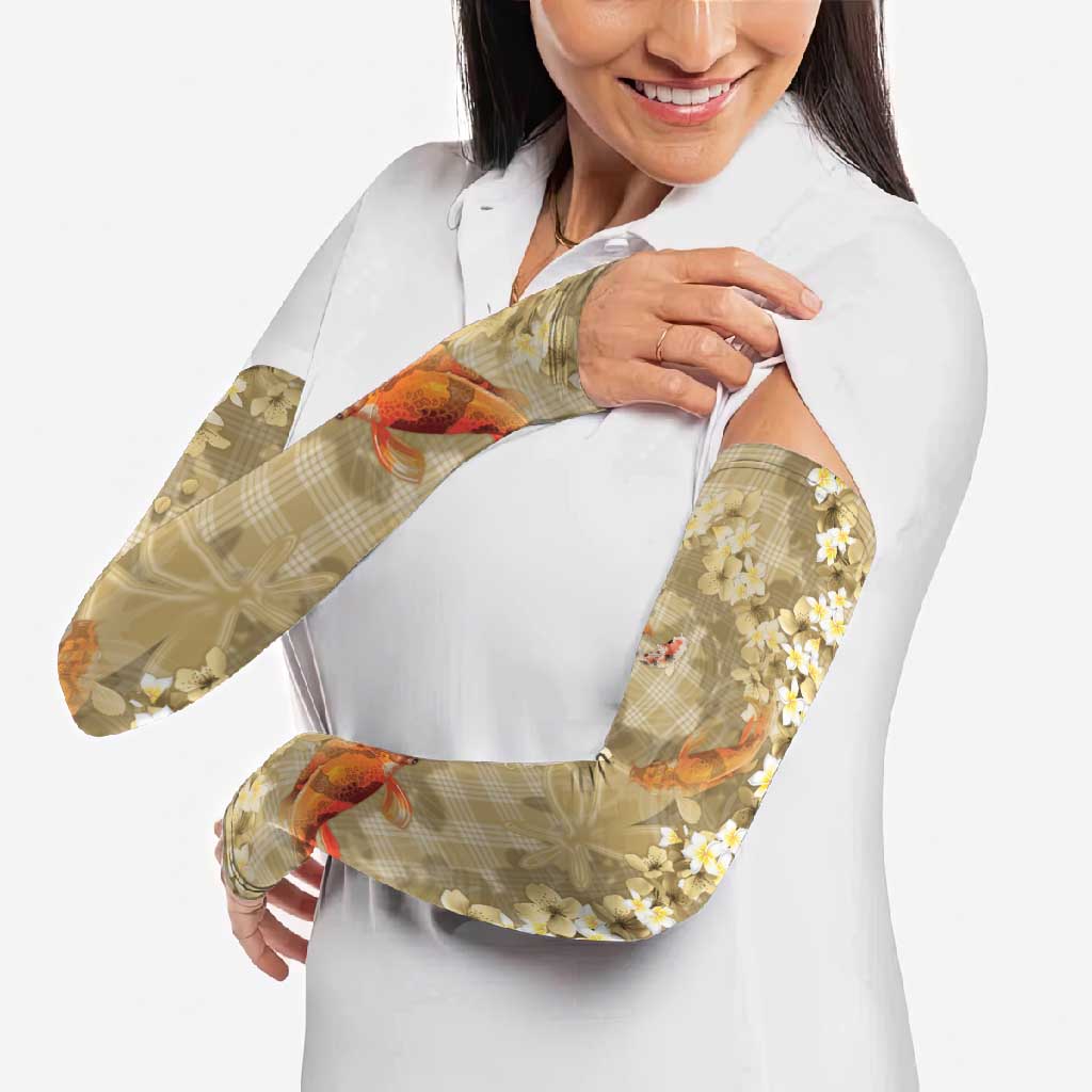 Beige Palaka Hawaiian And Japanese Arm Sleeves Sakura Lei With Koi Fish - Polynesian Pride