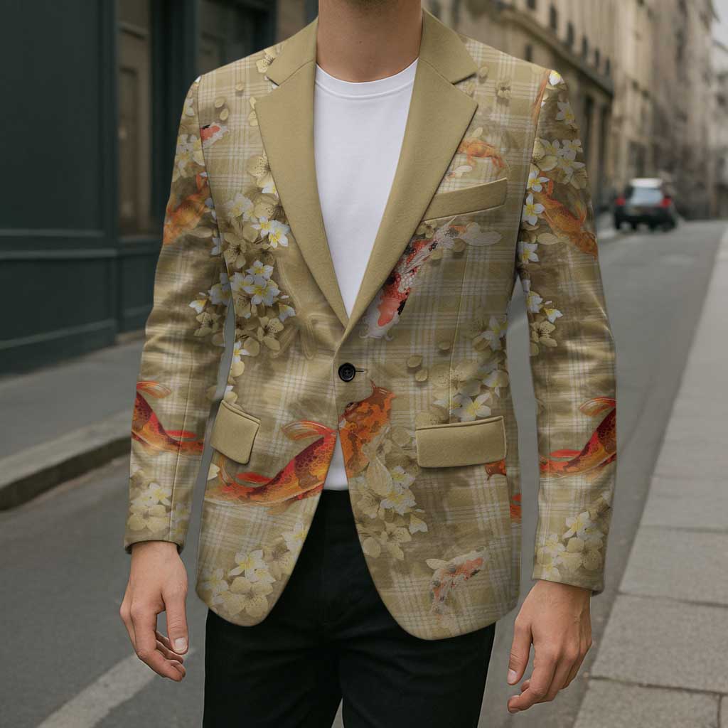 Beige Palaka Hawaiian And Japanese Blazer Sakura Lei With Koi Fish - Polynesian Pride