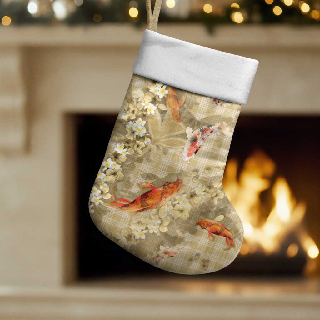 Beige Palaka Hawaiian And Japanese Christmas Stocking Sakura Lei With Koi Fish - Polynesian Pride