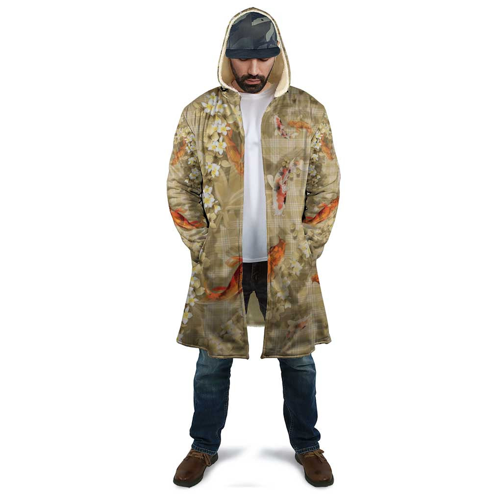 Beige Palaka Hawaiian And Japanese Cloak Sakura Lei With Koi Fish - Polynesian Pride