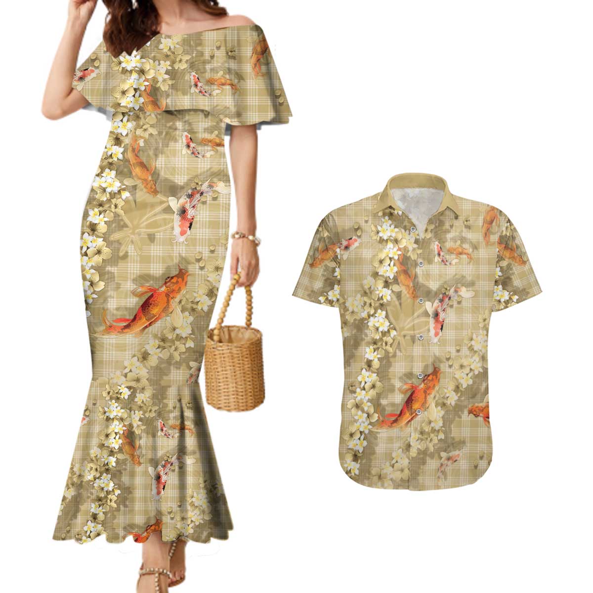 Beige Palaka Hawaiian And Japanese Couples Matching Mermaid Dress and Hawaiian Shirt Sakura Lei With Koi Fish DT05 Beige - Polynesian Pride
