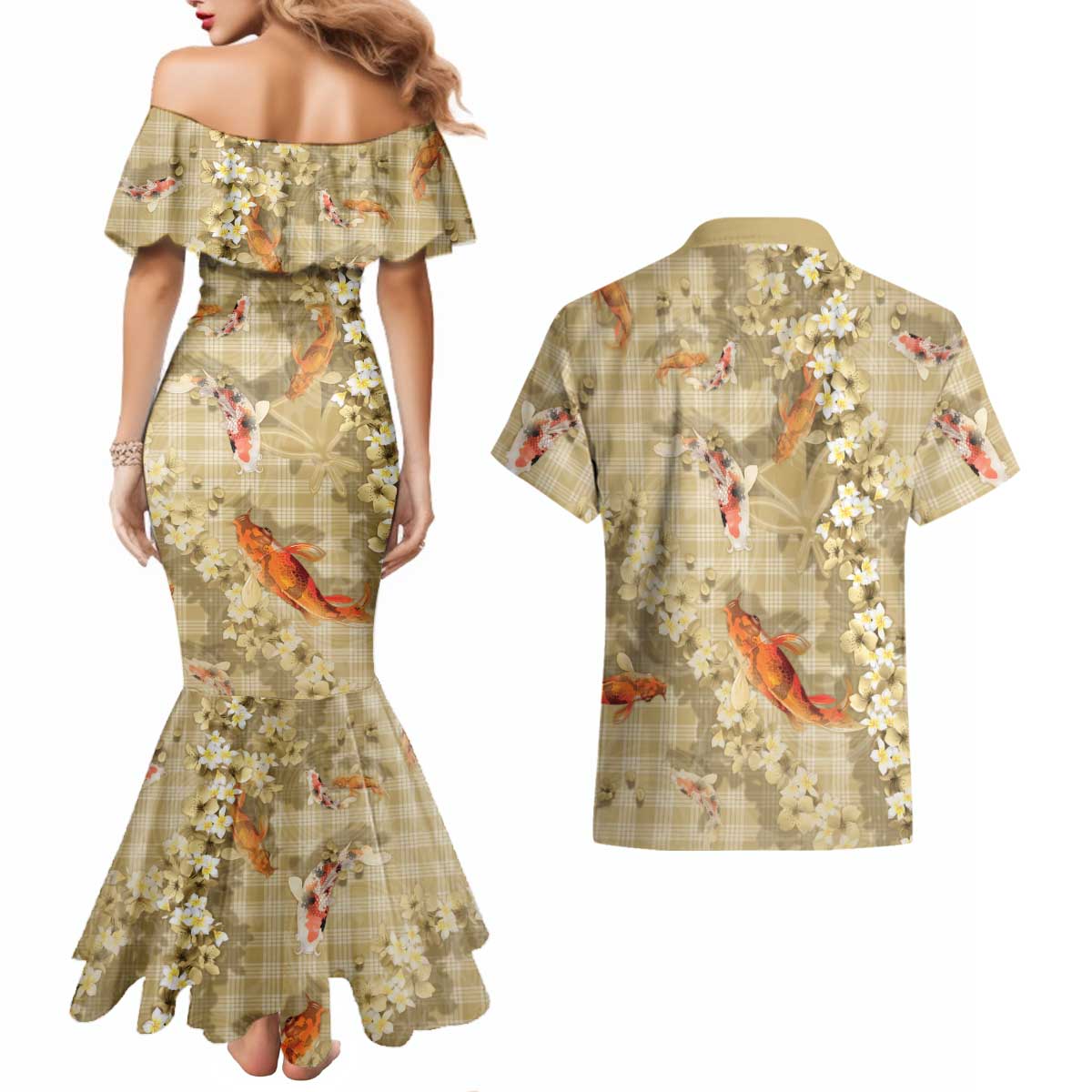 Beige Palaka Hawaiian And Japanese Couples Matching Mermaid Dress and Hawaiian Shirt Sakura Lei With Koi Fish DT05 - Polynesian Pride