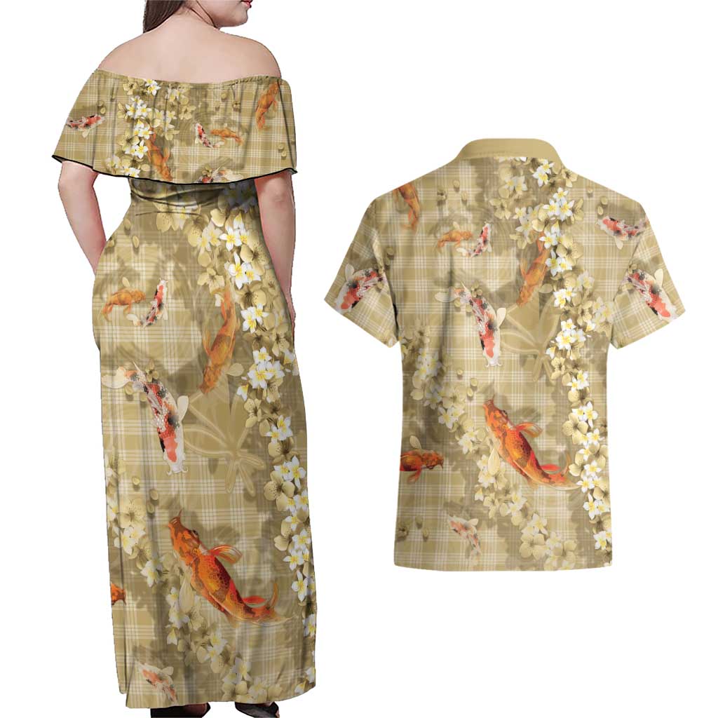 Beige Palaka Hawaiian And Japanese Couples Matching Off Shoulder Maxi Dress and Hawaiian Shirt Sakura Lei With Koi Fish - Polynesian Pride