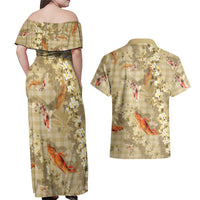 Beige Palaka Hawaiian And Japanese Couples Matching Off Shoulder Maxi Dress and Hawaiian Shirt Sakura Lei With Koi Fish - Polynesian Pride