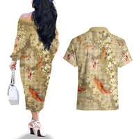 Beige Palaka Hawaiian And Japanese Couples Matching Off The Shoulder Long Sleeve Dress and Hawaiian Shirt Sakura Lei With Koi Fish DT05 - Polynesian Pride