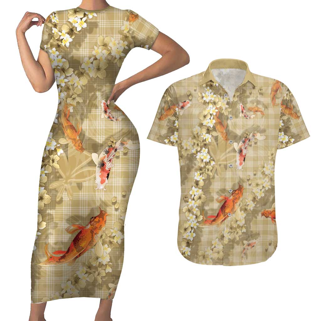 Beige Palaka Hawaiian And Japanese Couples Matching Short Sleeve Bodycon Dress and Hawaiian Shirt Sakura Lei With Koi Fish DT05 Beige - Polynesian Pride