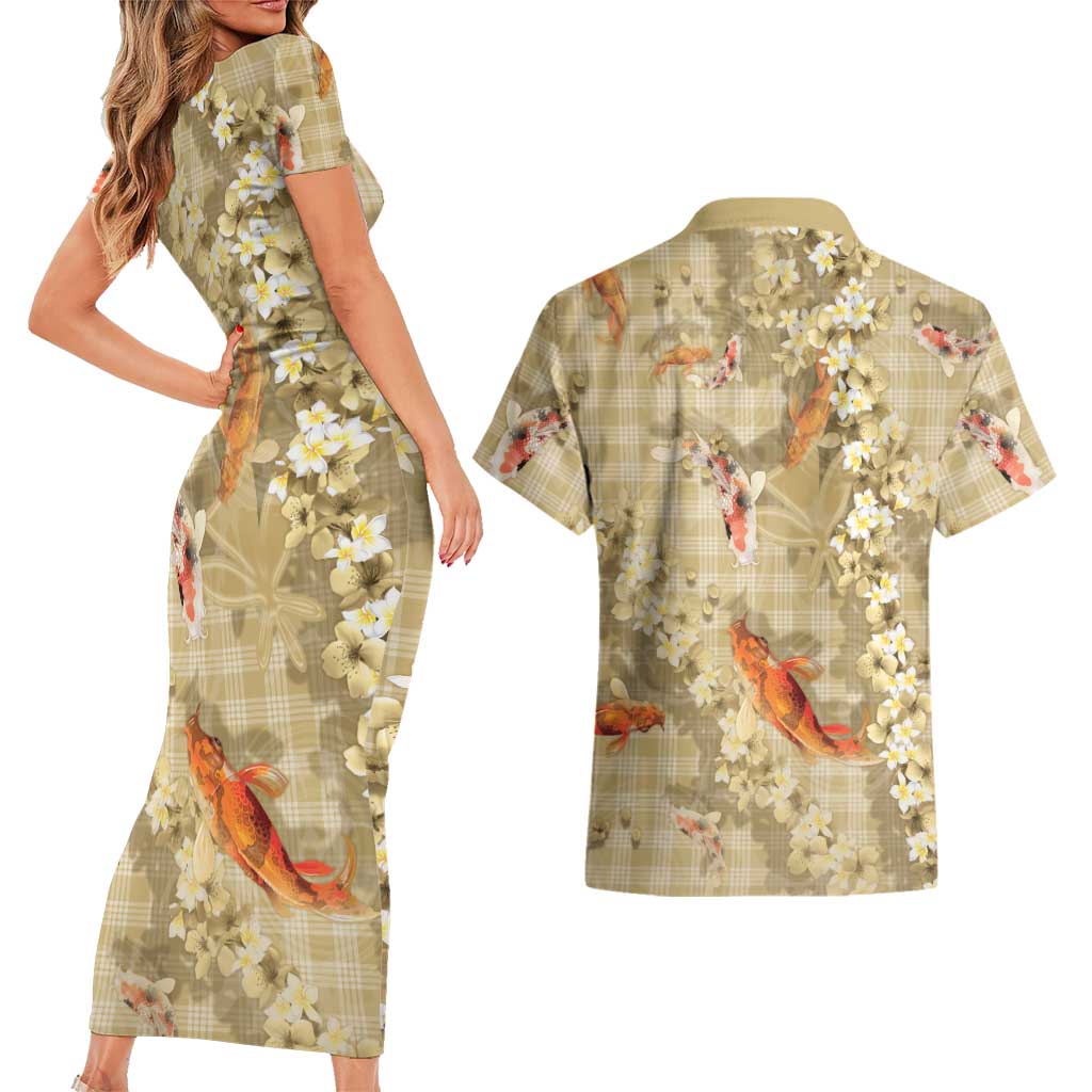 Beige Palaka Hawaiian And Japanese Couples Matching Short Sleeve Bodycon Dress and Hawaiian Shirt Sakura Lei With Koi Fish DT05 - Polynesian Pride
