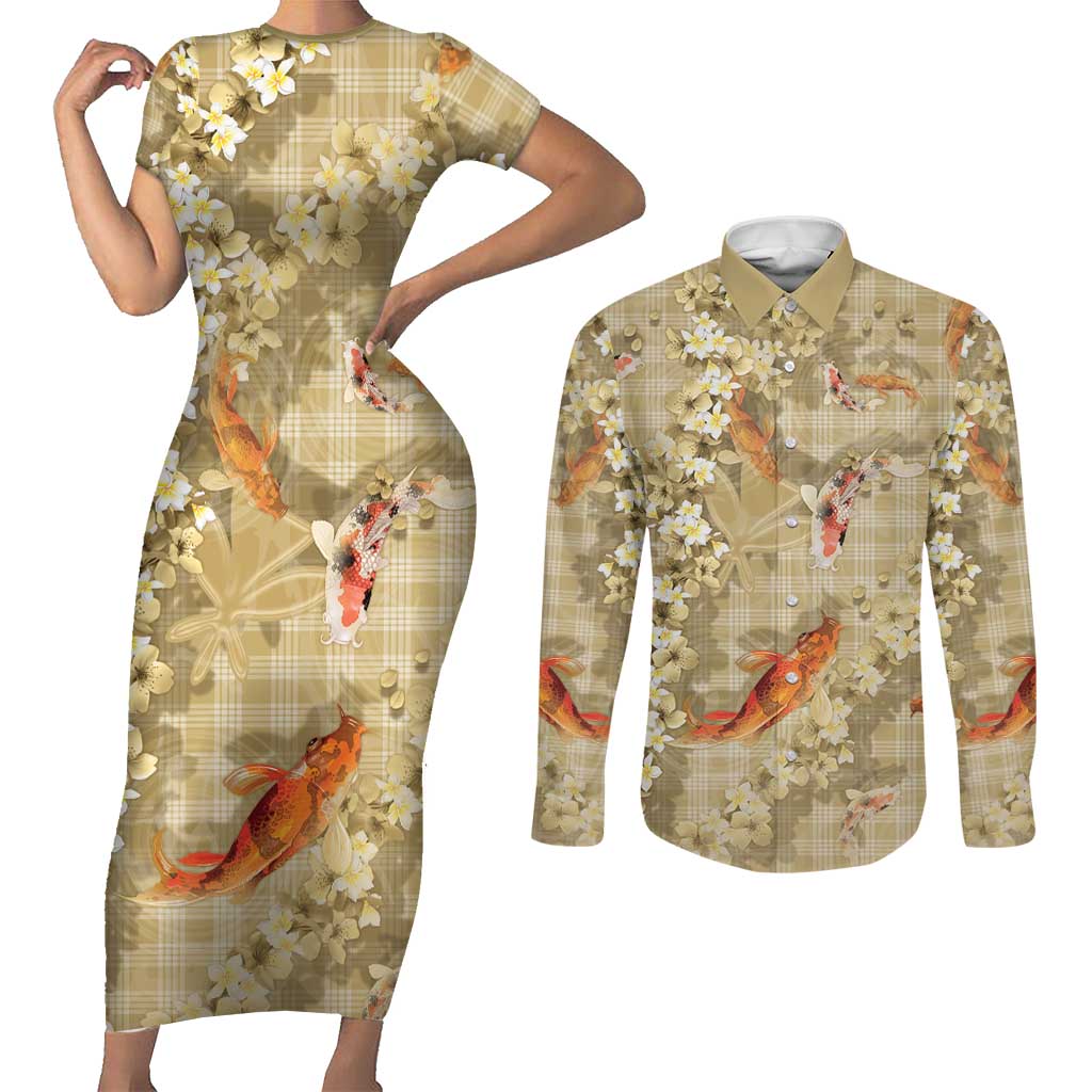 Beige Palaka Hawaiian And Japanese Couples Matching Short Sleeve Bodycon Dress and Long Sleeve Button Shirt Sakura Lei With Koi Fish - Polynesian Pride