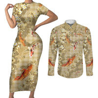 Beige Palaka Hawaiian And Japanese Couples Matching Short Sleeve Bodycon Dress and Long Sleeve Button Shirt Sakura Lei With Koi Fish - Polynesian Pride