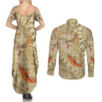 Beige Palaka Hawaiian And Japanese Couples Matching Summer Maxi Dress and Long Sleeve Button Shirt Sakura Lei With Koi Fish - Polynesian Pride