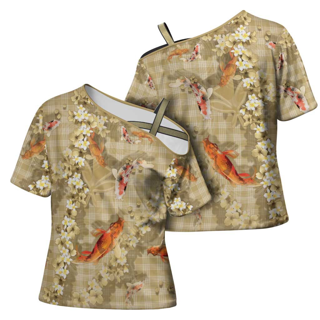 Beige Palaka Hawaiian And Japanese Cross Shoulder Shirt Sakura Lei With Koi Fish - Polynesian Pride