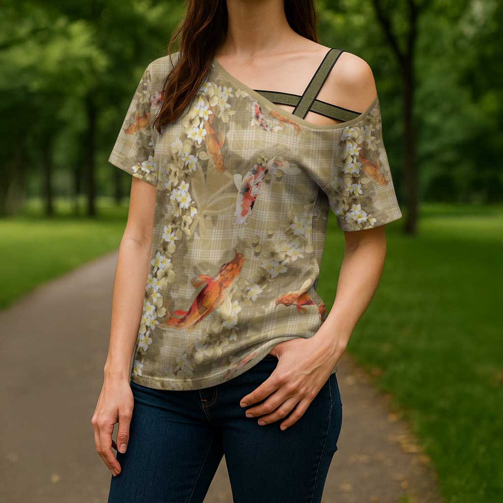 Beige Palaka Hawaiian And Japanese Cross Shoulder Shirt Sakura Lei With Koi Fish - Polynesian Pride