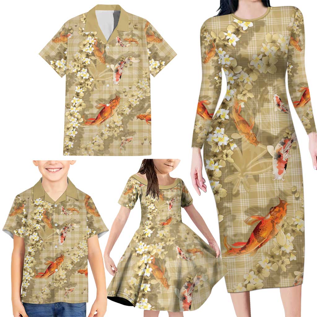 Beige Palaka Hawaiian And Japanese Family Matching Long Sleeve Bodycon Dress and Hawaiian Shirt Sakura Lei With Koi Fish DT05 - Polynesian Pride