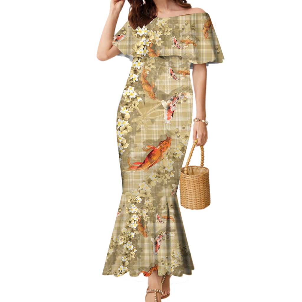 Beige Palaka Hawaiian And Japanese Family Matching Mermaid Dress and Hawaiian Shirt Sakura Lei With Koi Fish DT05 Mom's Dress Beige - Polynesian Pride