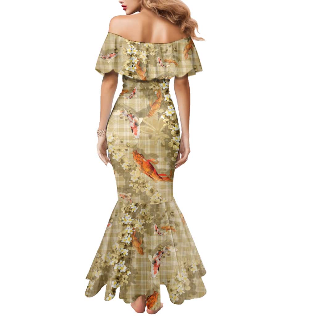 Beige Palaka Hawaiian And Japanese Family Matching Mermaid Dress and Hawaiian Shirt Sakura Lei With Koi Fish DT05 - Polynesian Pride