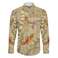 Beige Palaka Hawaiian And Japanese Family Matching Off The Shoulder Long Sleeve Dress and Hawaiian Shirt Sakura Lei With Koi Fish DT05 Dad's Shirt - Long Sleeve Beige - Polynesian Pride