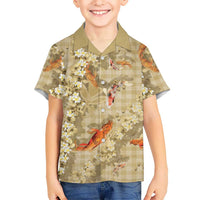 Beige Palaka Hawaiian And Japanese Family Matching Off The Shoulder Long Sleeve Dress and Hawaiian Shirt Sakura Lei With Koi Fish DT05 Son's Shirt Beige - Polynesian Pride